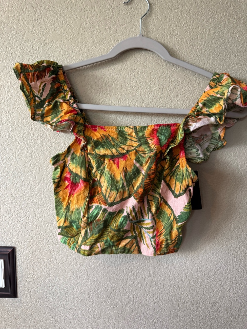 Cynthia Rowley Yellow Green Pink Floral Ruffle Off-Shoulder Crop Top